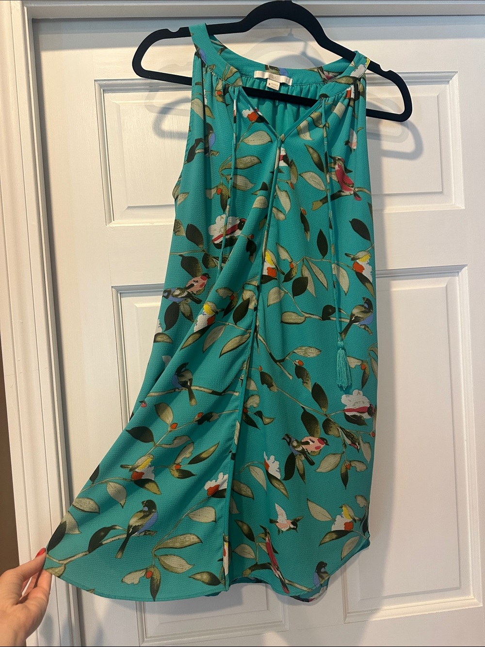 Teal Bird Print Sleeveless Blouse